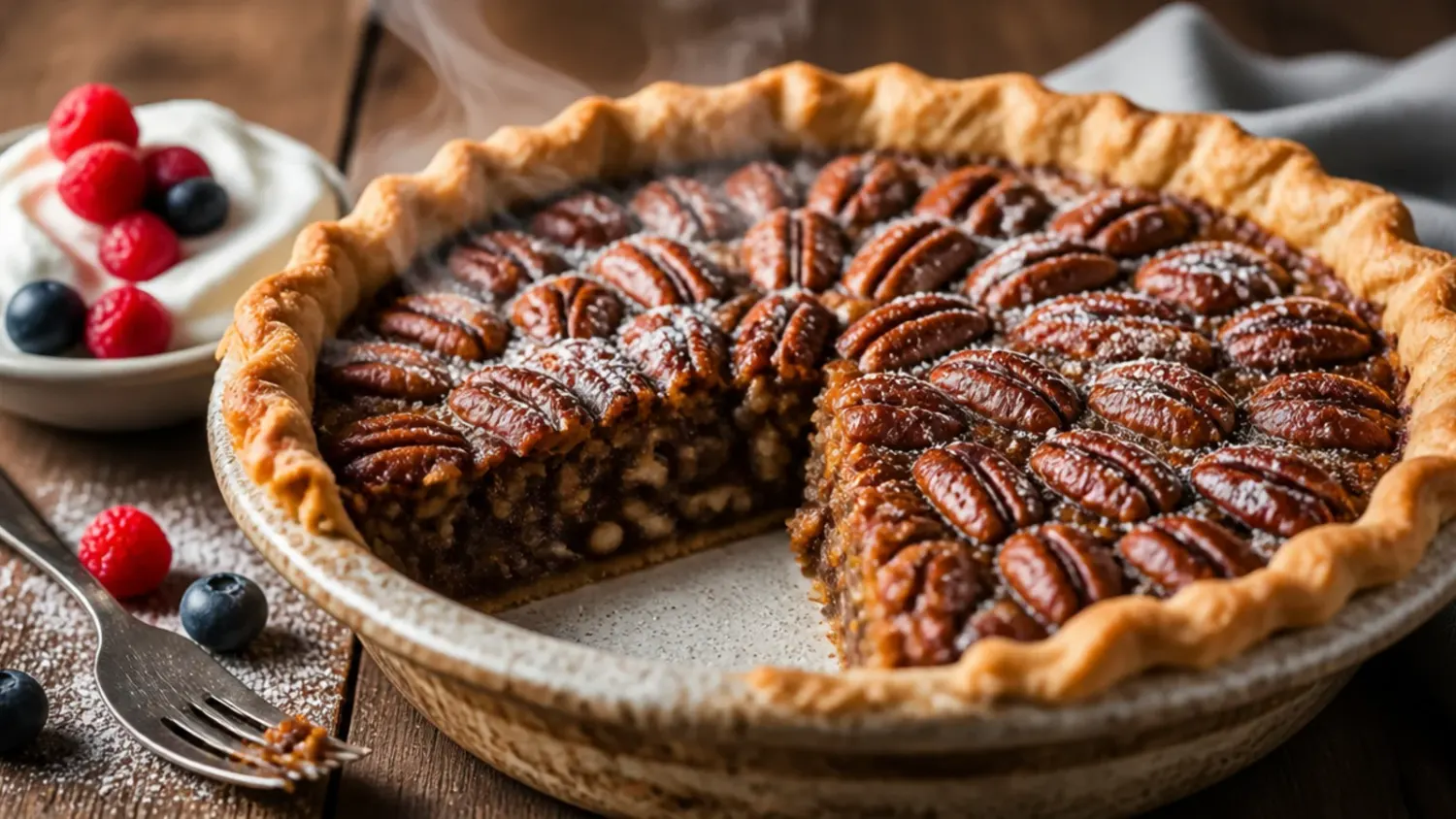 Slice of pecan pie made without corn syrup, showing a glossy maple-brown sugar filling studded with toasted pecan halves