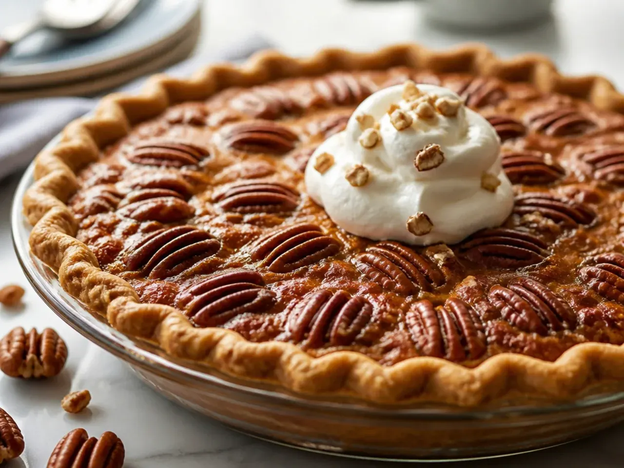 Whole pecan pie without corn syrup on a cooling rack, top layered with pecan halves