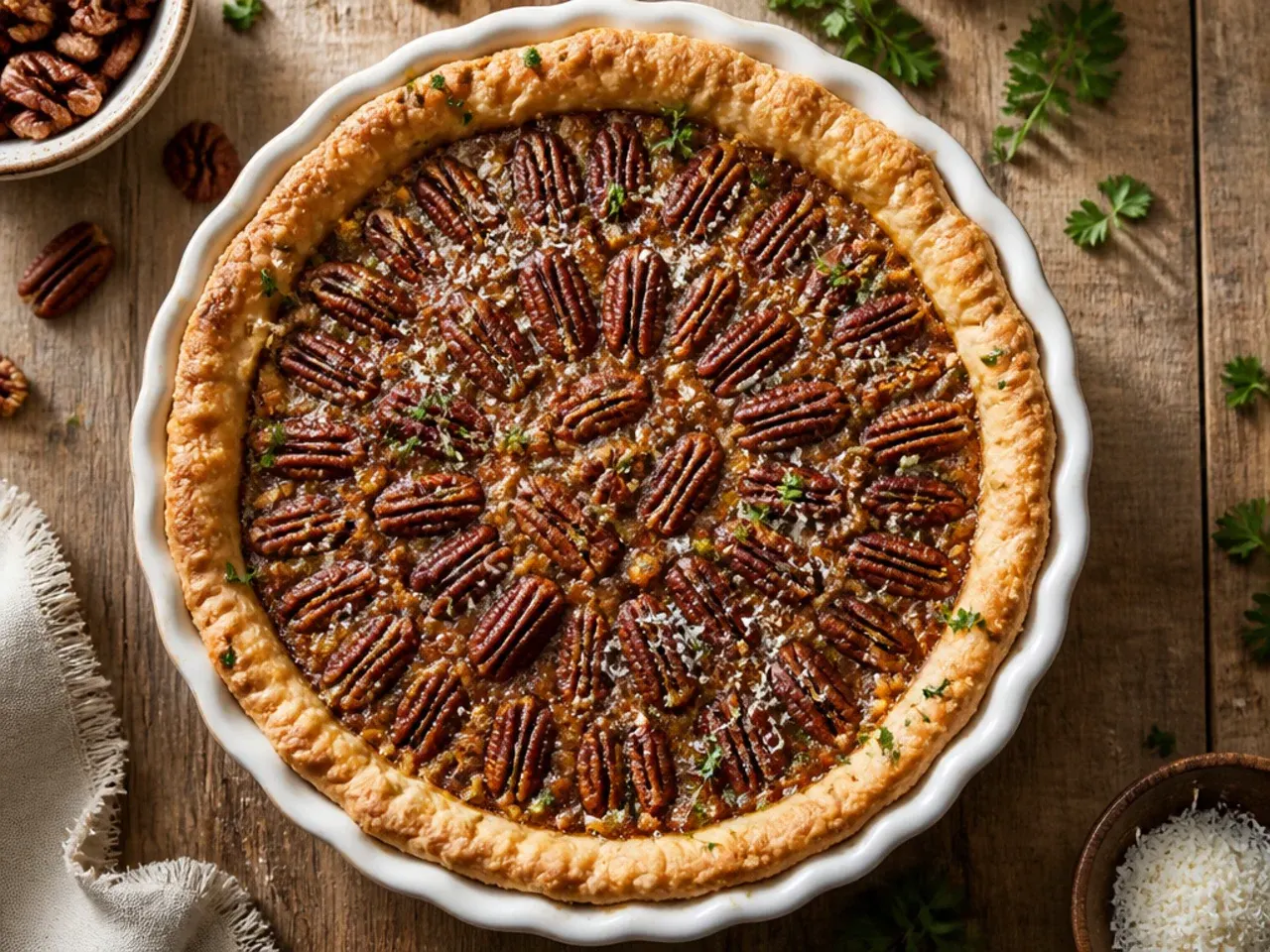 Close-up of classic maple pecan pie slice showing set glossy filling