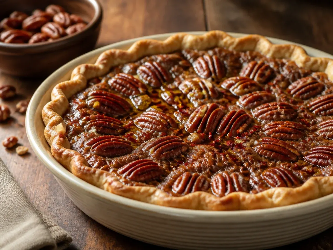 Ingredients for easy one-bowl pecan pie being whisked together in a glass bowl