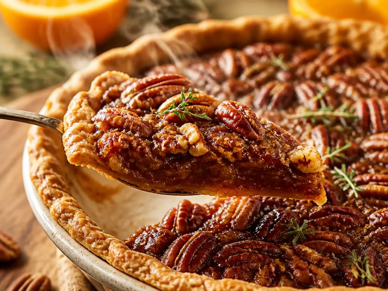 Pecan pie topped with orange zest curls next to a bowl of fresh oranges