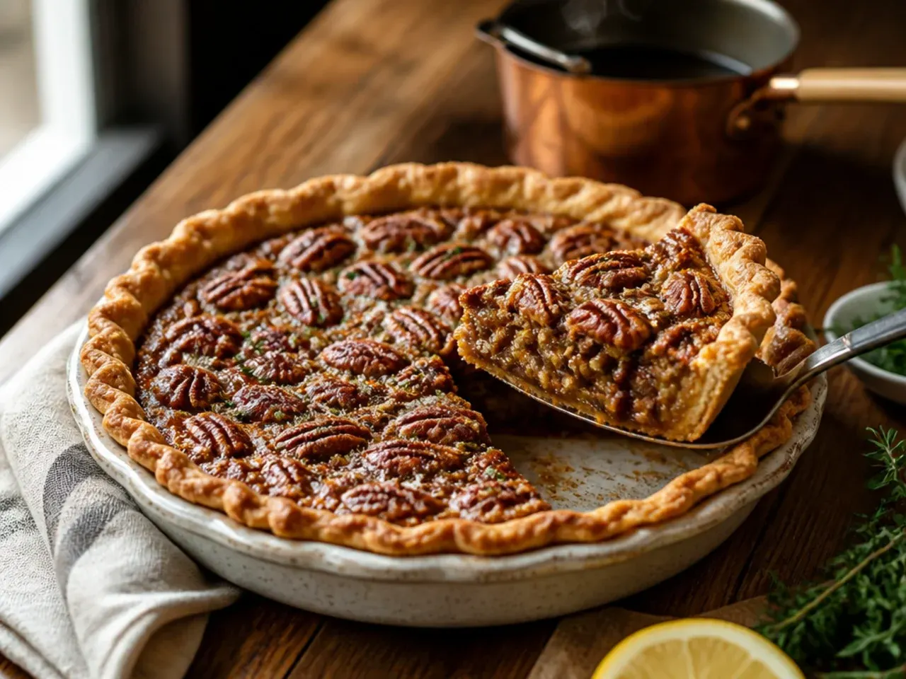 Pan of brown butter being poured into pecan pie filling bowl