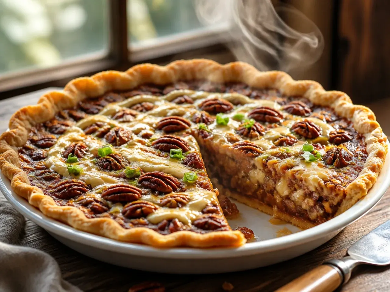 Pecan pie with cream cheese swirl pattern visible on the surface before baking