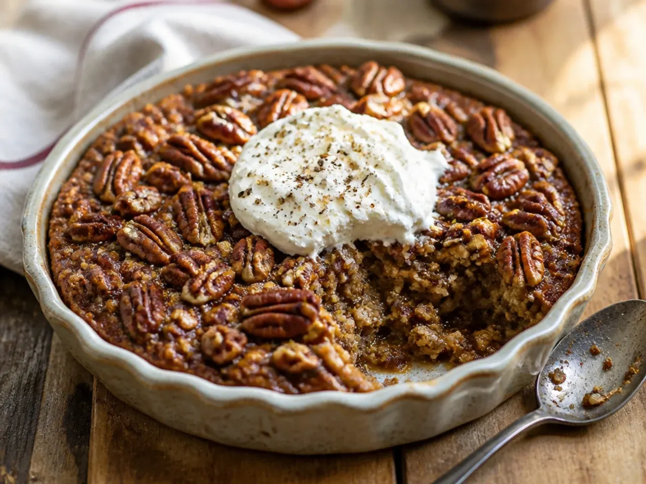 Wholemeal pastry case filled with honey pecan pie filling