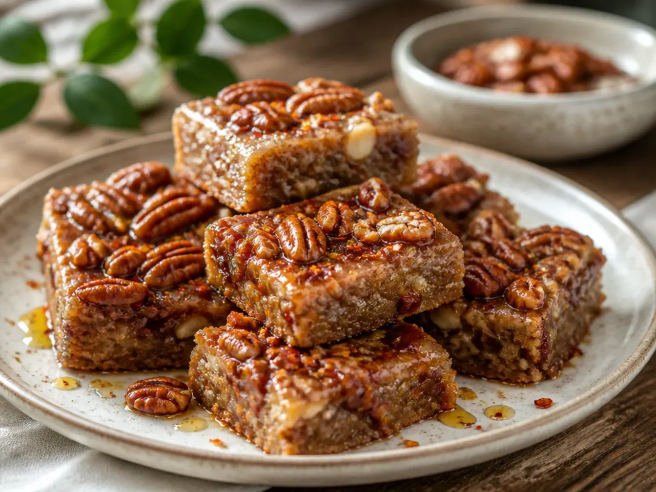 Tray of pecan pie bars cut into squares on a wire cooling rack