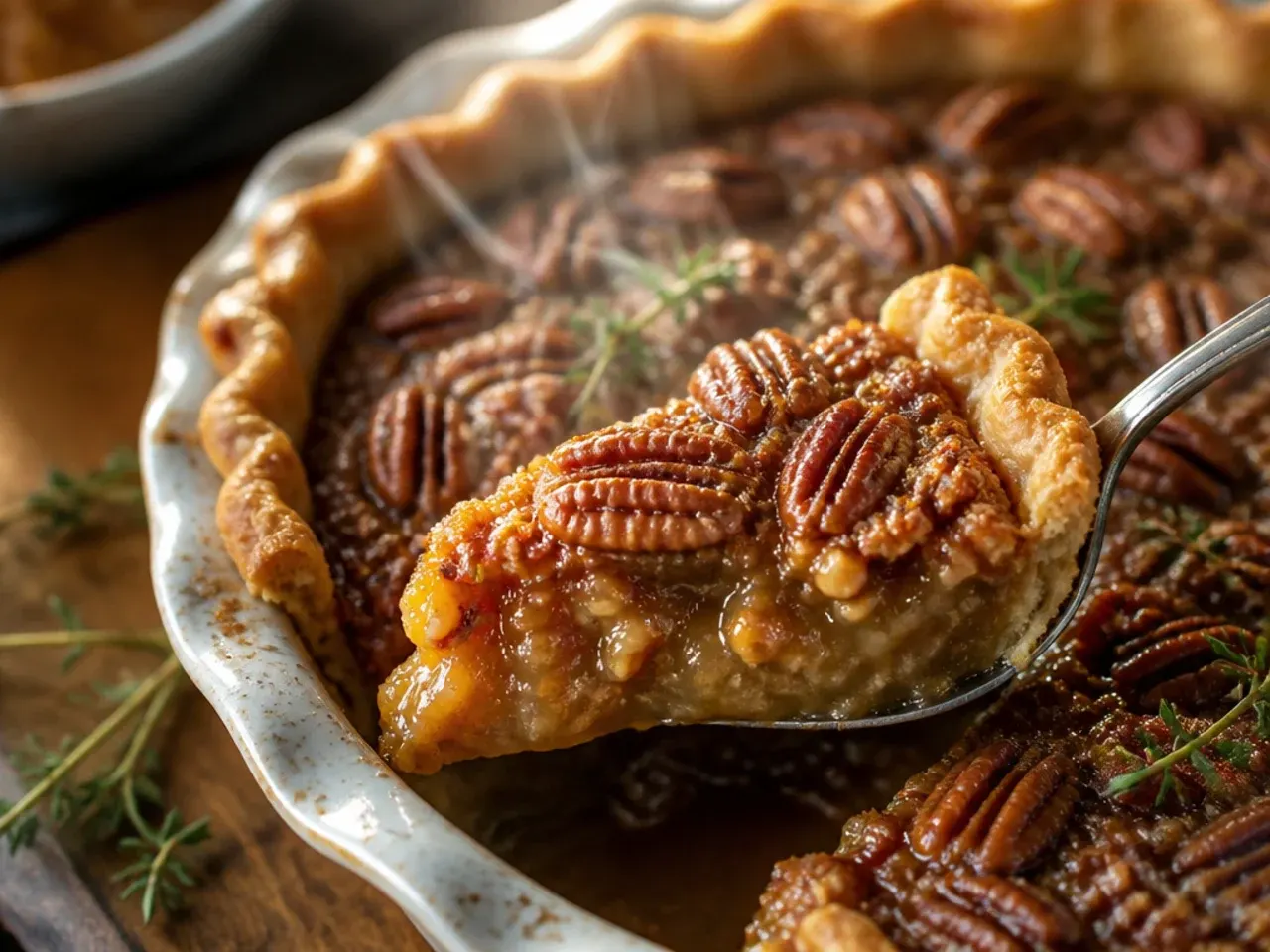 Thick slice of deep-dish pecan pie showing tall filling layer