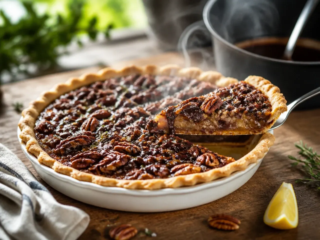 Pecan pie slice with visible melted chocolate pockets throughout the filling