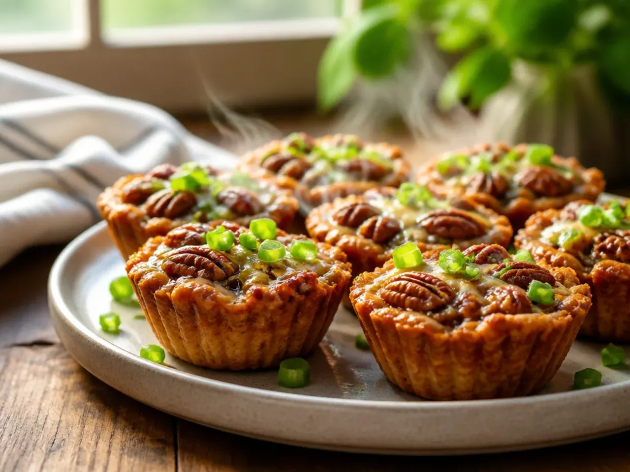 Muffin tin filled with individual pecan pie tartlets before baking