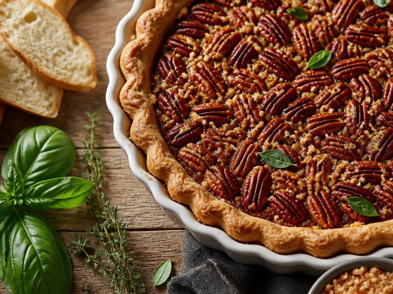 Bottle of bourbon next to a whole pecan pie ready for the holiday table