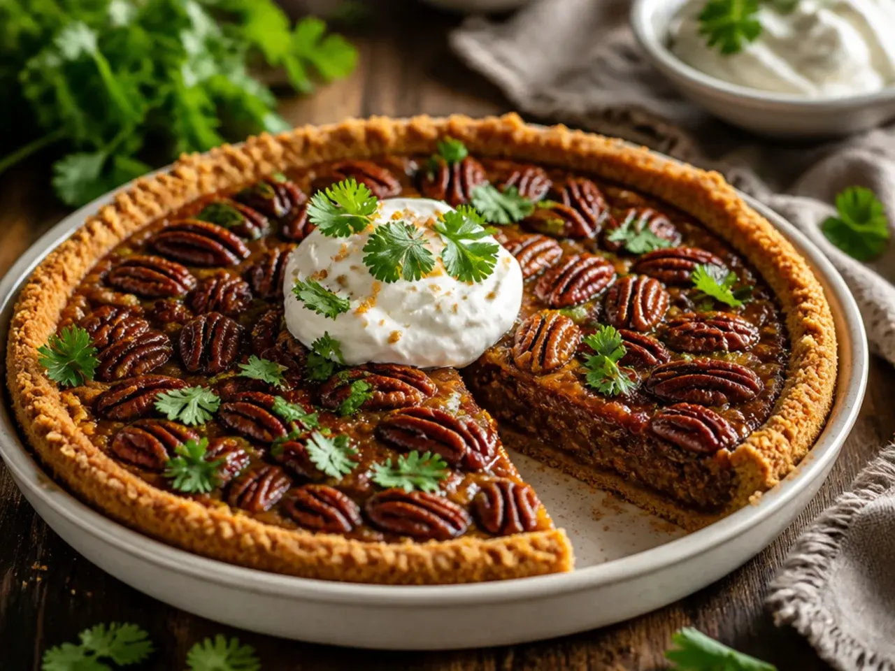 No-bake pecan pie chilling in the fridge with glossy caramel filling