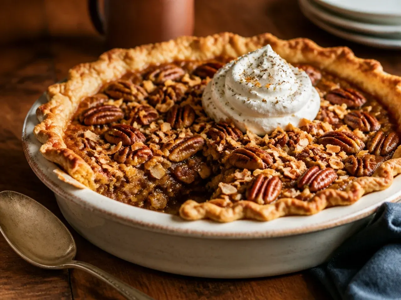 Toasted coconut flakes being folded into pecan pie filling