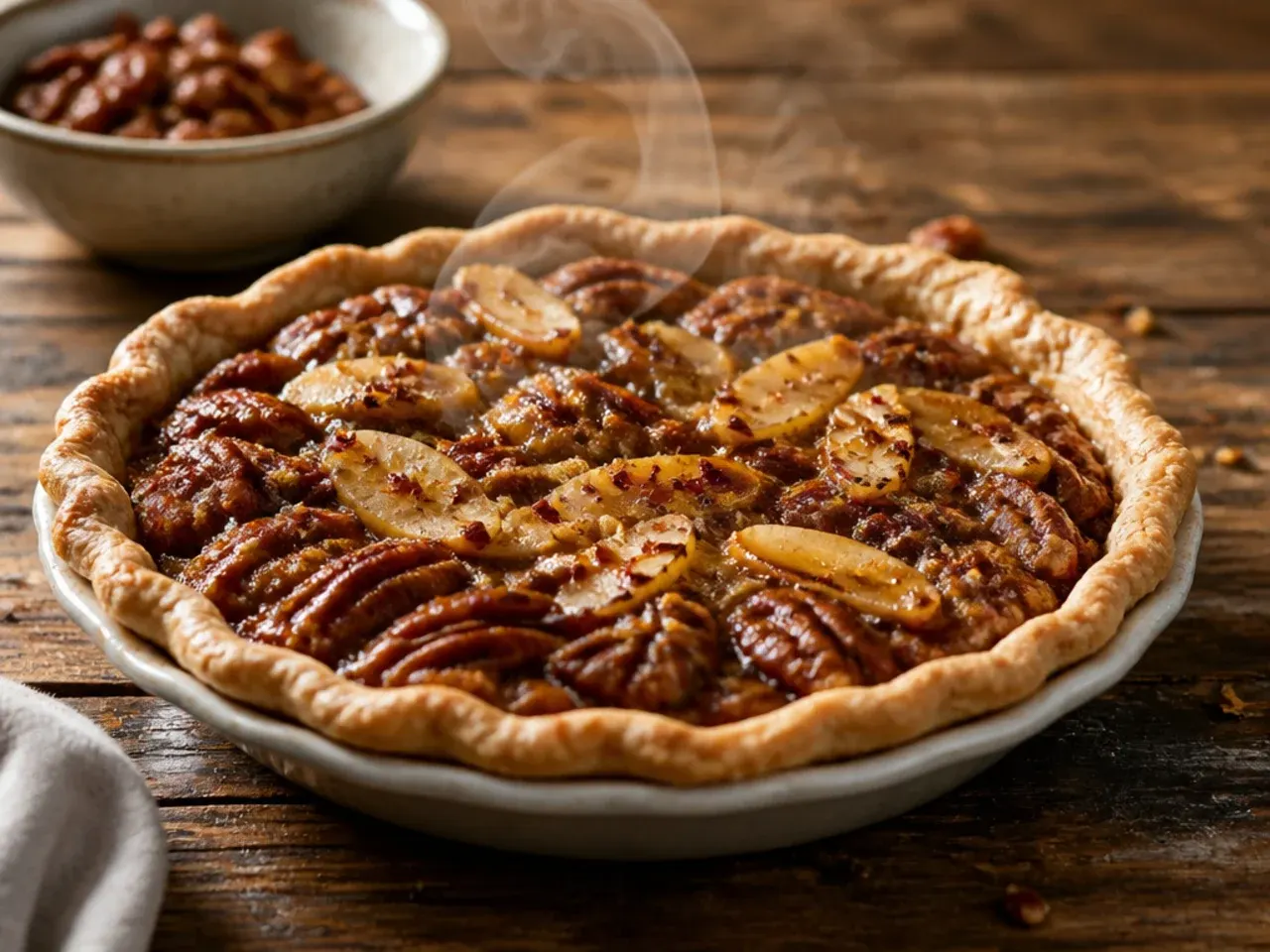 Thin apple slices layered under pecan filling in a pastry case