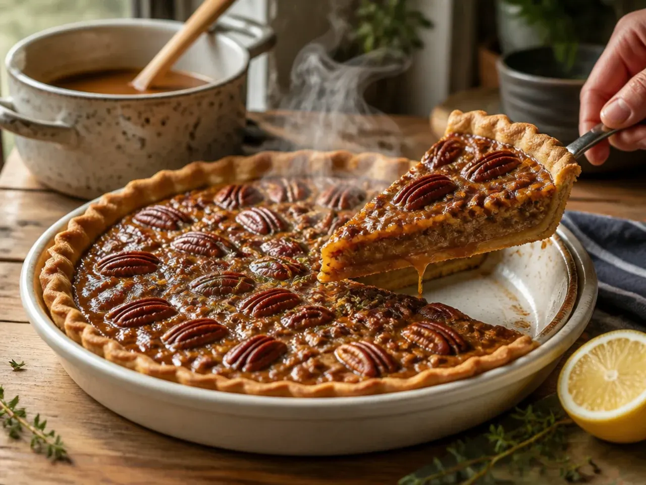Salted caramel sauce swirled through pecan pie filling with flaky salt on top