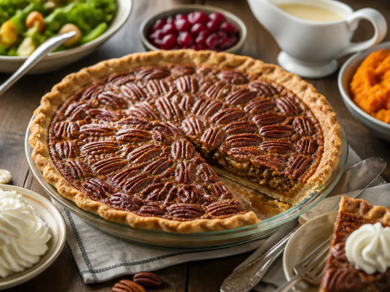 Slice of pecan pie served with a scoop of vanilla ice cream and maple drizzle