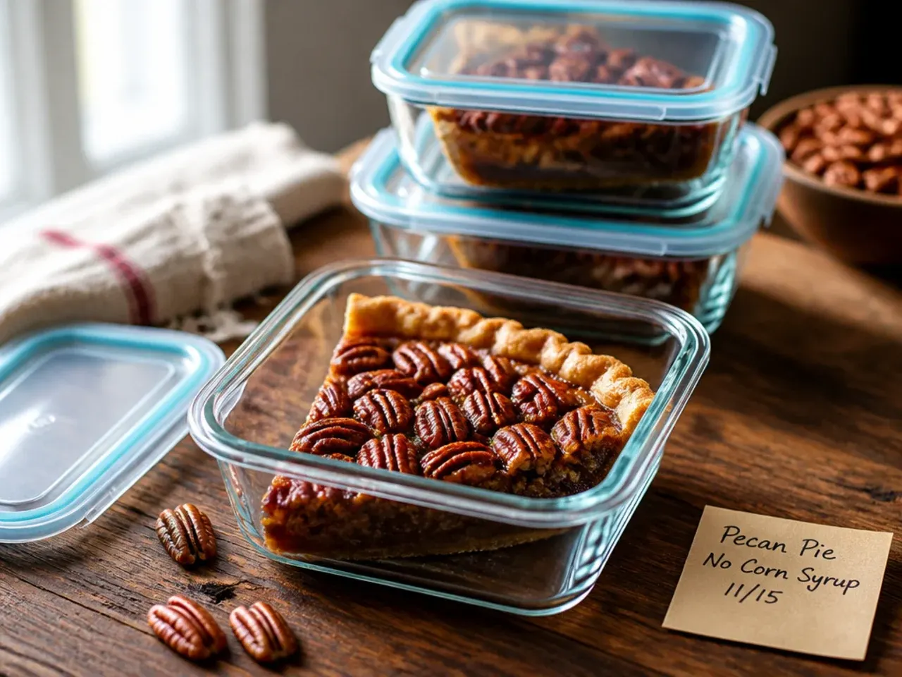 Pecan pie slices wrapped in cling film and foil ready for the freezer