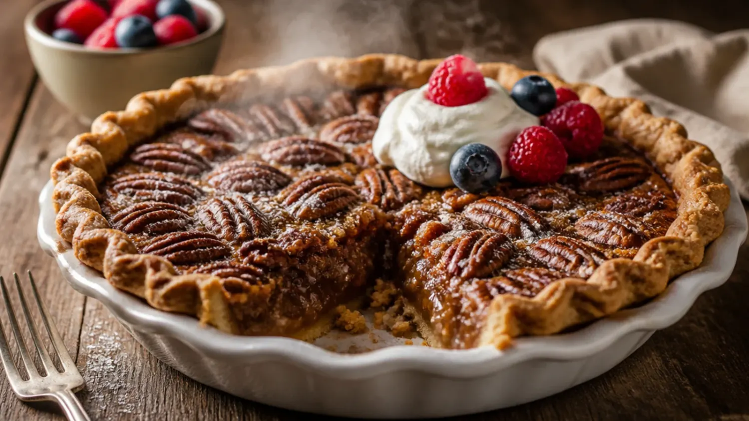 A sliced pecan pie on a white plate showing the glossy syrup filling studded with toasted pecan halves, with a whole pie in the background.