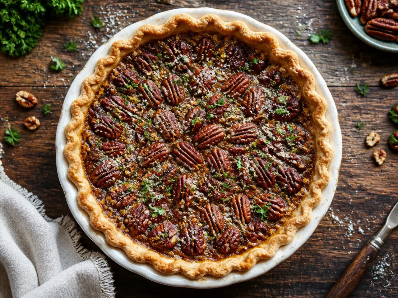 A whole classic pecan pie with a golden lattice-free crust and neat rings of pecan halves on top.