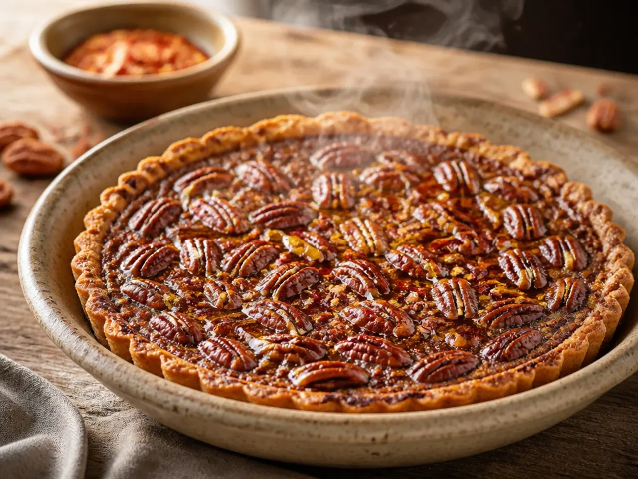 A shop-bought pastry case being filled with pecan pie filling straight from a mixing bowl.