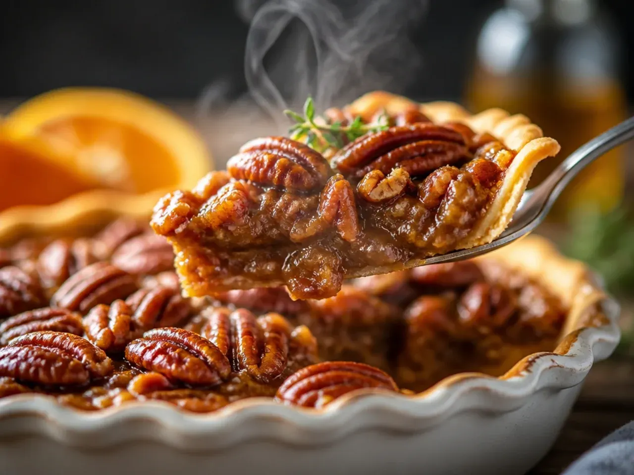 A slice of bourbon pecan pie with a glass of bourbon and an orange half beside it.