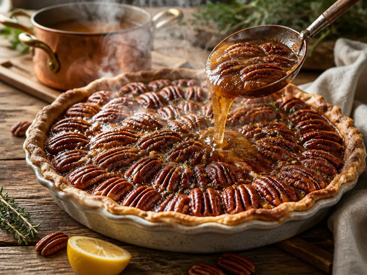 A cinnamon-spiced pecan pie dusted lightly with ground cinnamon on top of the pecans.
