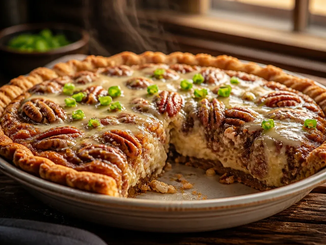 A pecan pie with visible marbled swirls of cream cheese cheesecake filling running through it.