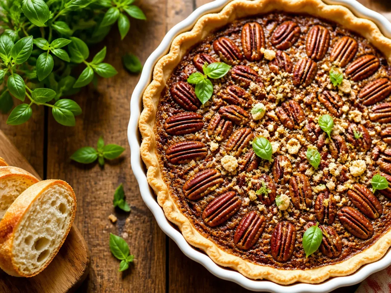 A small bowl of simple pecan pie filling next to a pastry case ready for pouring.