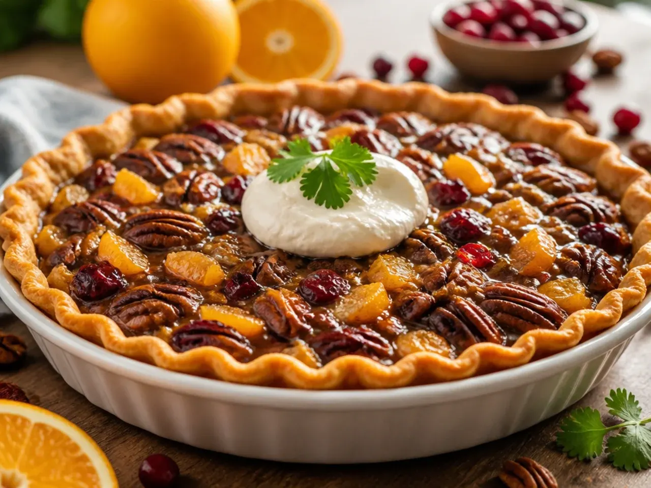 A pecan pie studded with bright red cranberries peeking through the syrup filling.