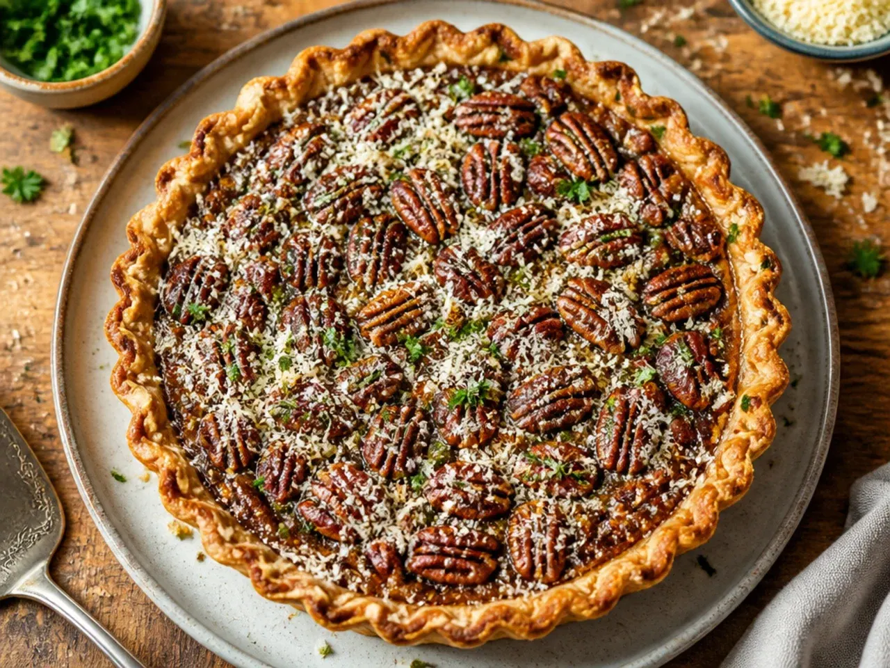 A budget pecan pie made with a mix of pecan halves and chopped walnuts on top.
