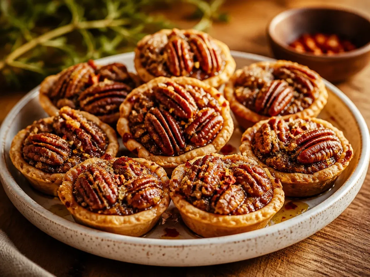 A dozen mini pecan pies cooling in a muffin tin, each topped with a whole pecan half.