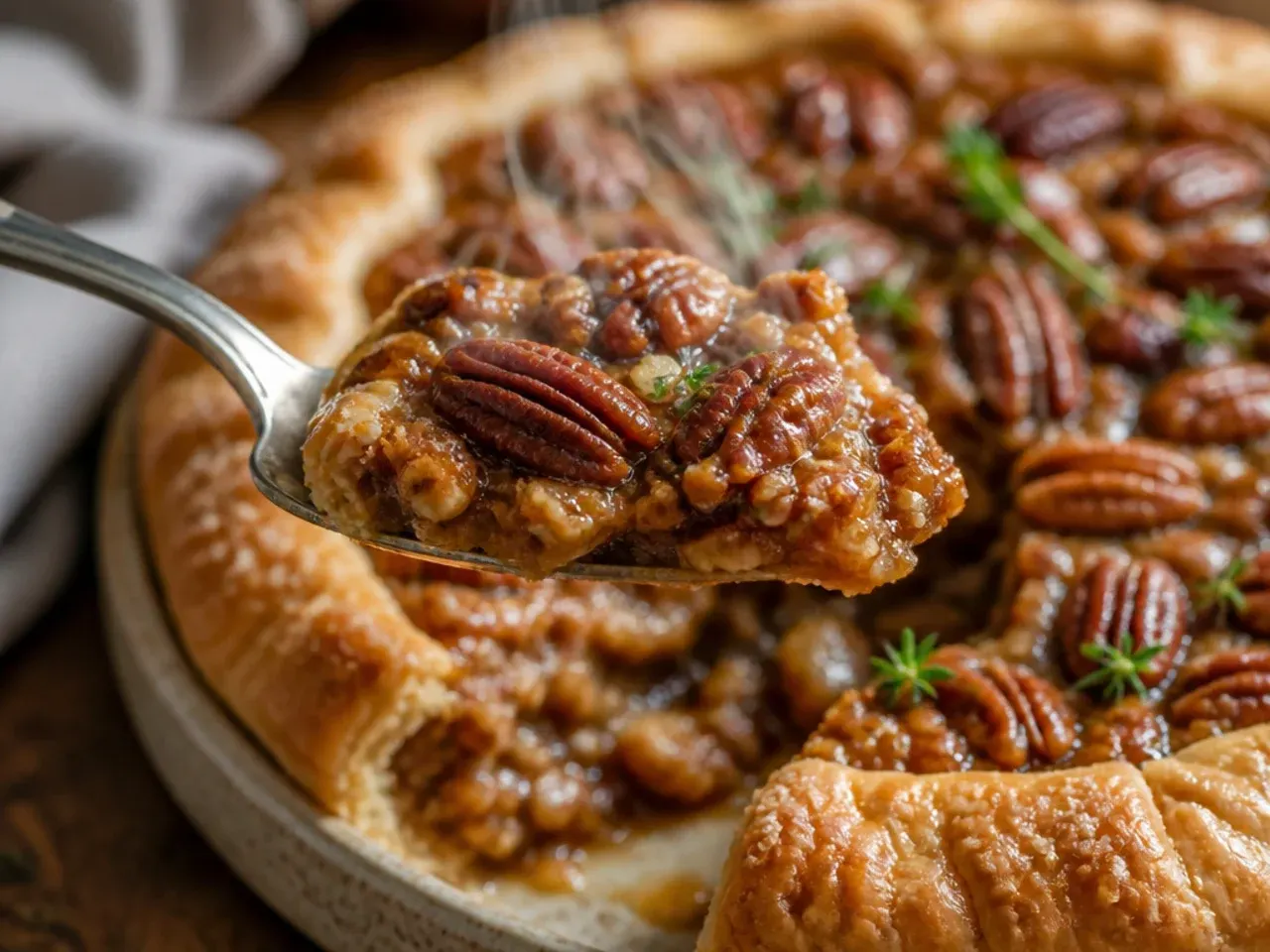 A rustic pecan pie galette with pastry folded up around the edges on a baking tray.