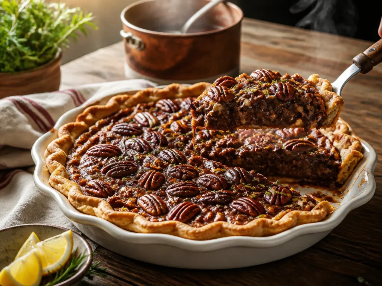 A slice of chocolate pecan pie showing melted chocolate pockets through the filling.