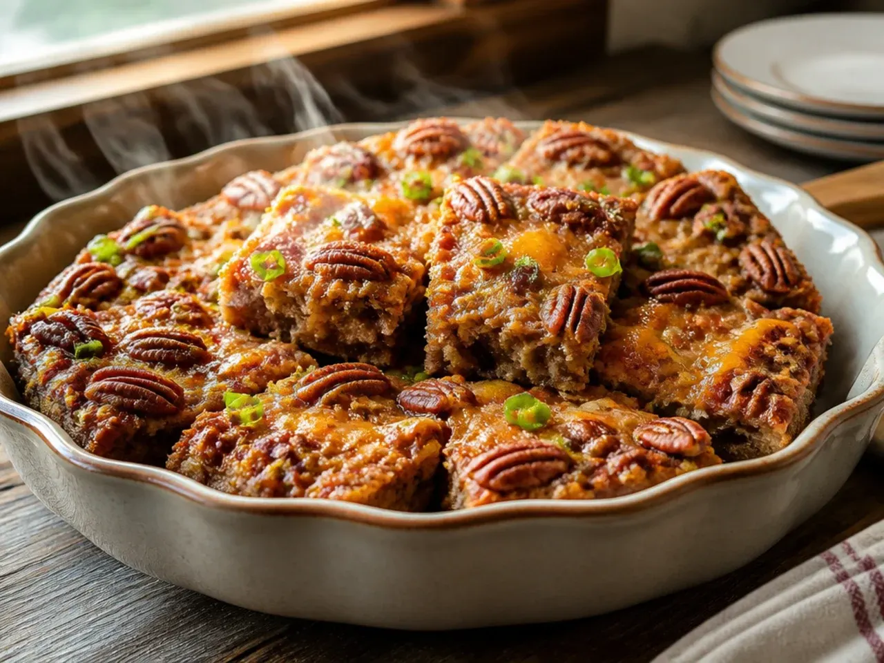 Square pecan pie bars cut into neat portions on a wooden board.