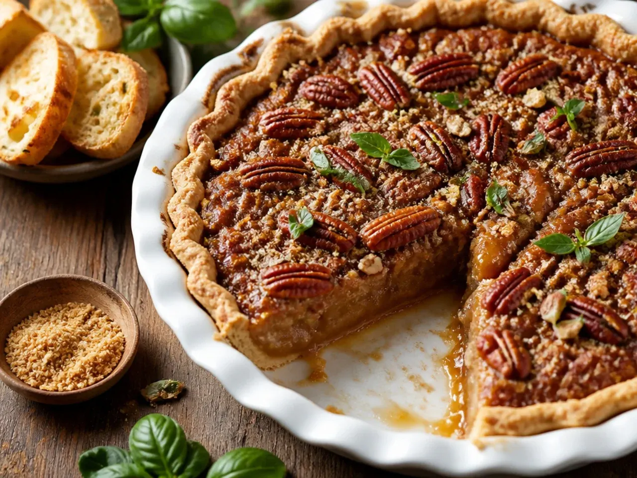 A pecan pie drizzled with salted caramel sauce and finished with flaky sea salt.