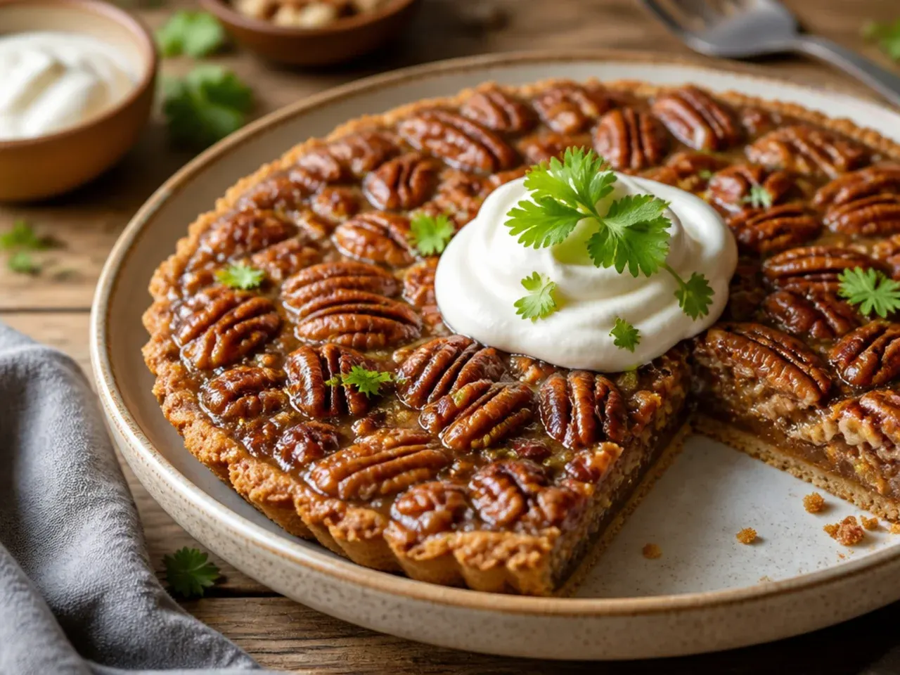 A chilled no-bake pecan pie in a biscuit crumb crust, sliced to show a mousse-like filling.
