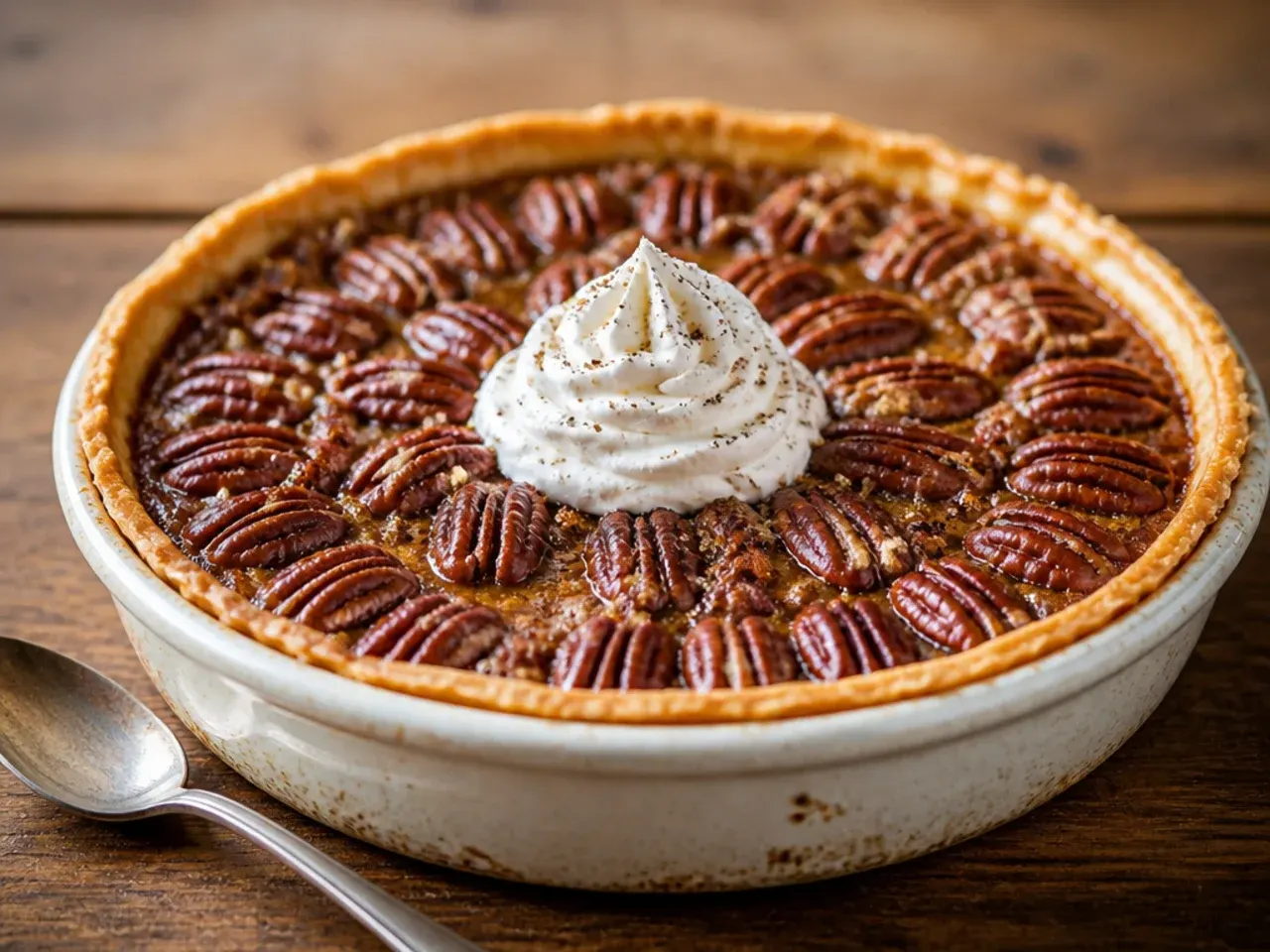 A tall, deep-dish pecan pie sliced to show a thick layer of set filling.