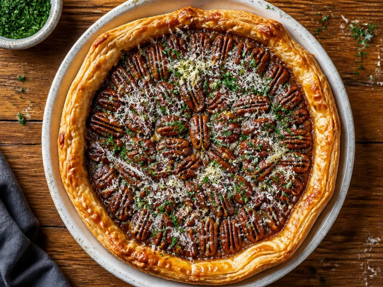 A pecan pie with a flaky, uneven puff pastry edge instead of a traditional crimped crust.