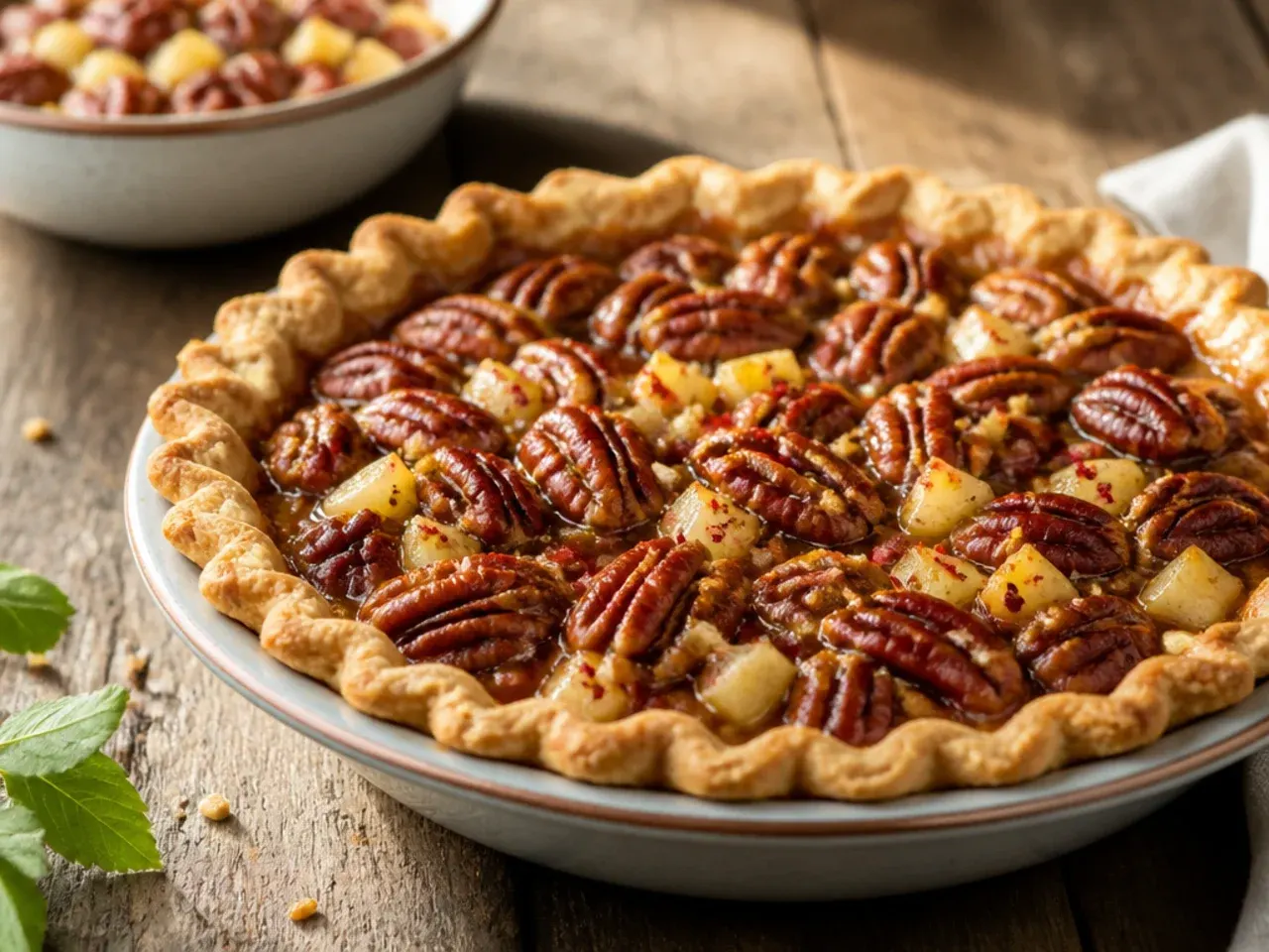Thin apple slices layered under toasted pecans in a part-baked pie crust.