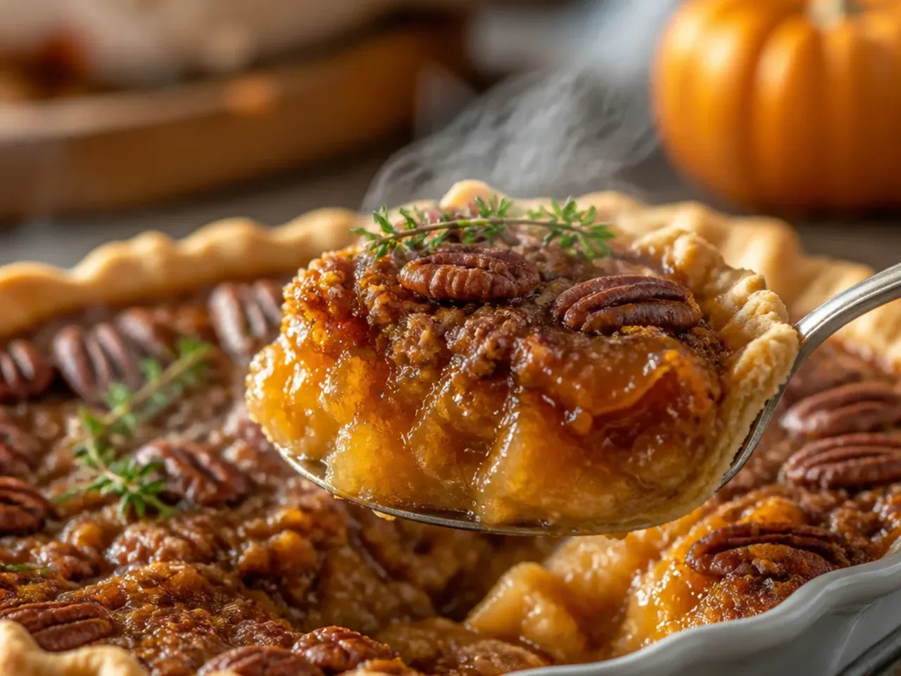 A pie showing swirled orange pumpkin filling marbled through the brown pecan syrup filling.