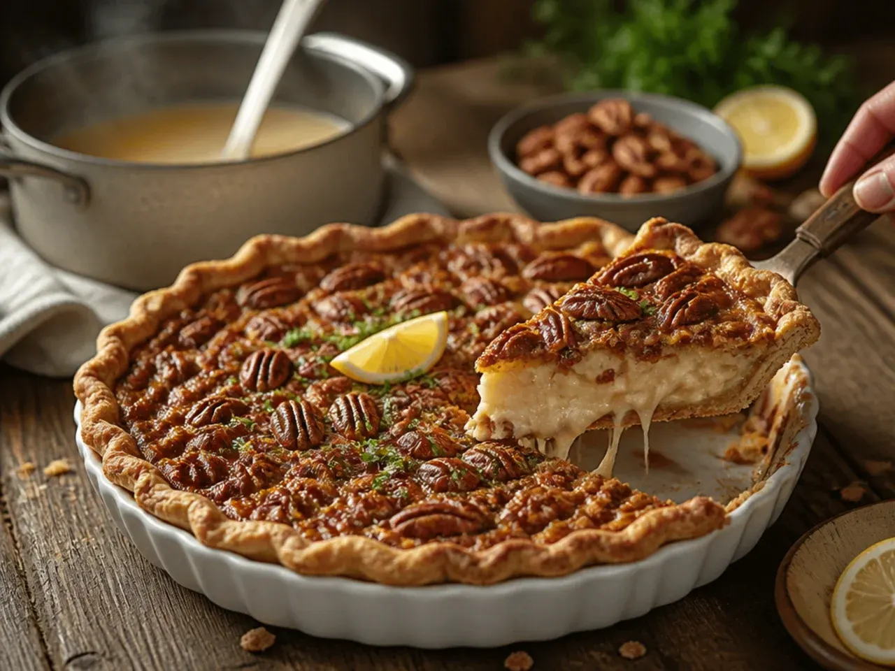 A pecan pie topped with toasted coconut flakes scattered over the pecans.