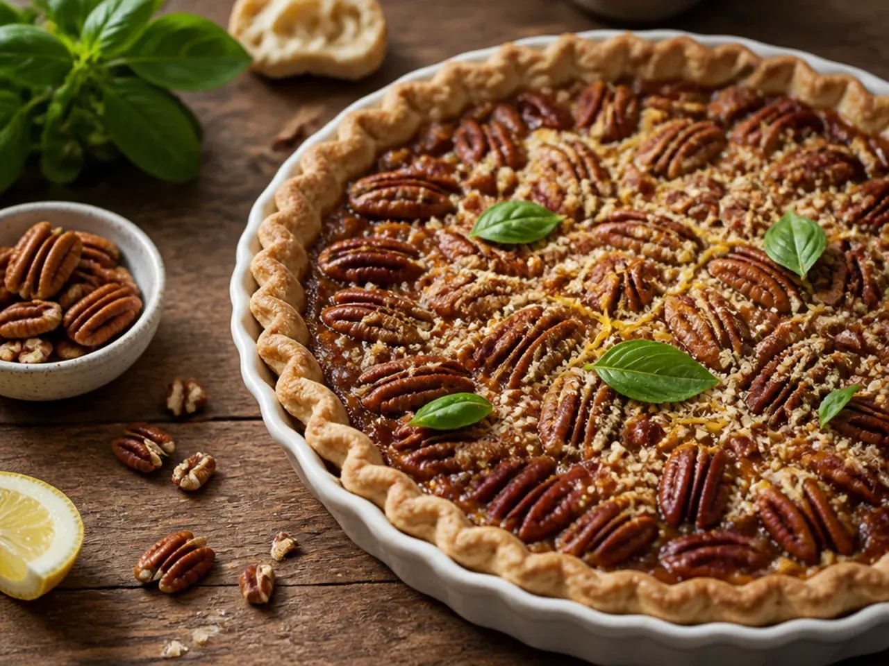 A pecan pie dusted with icing sugar and garnished with lemon zest curls.
