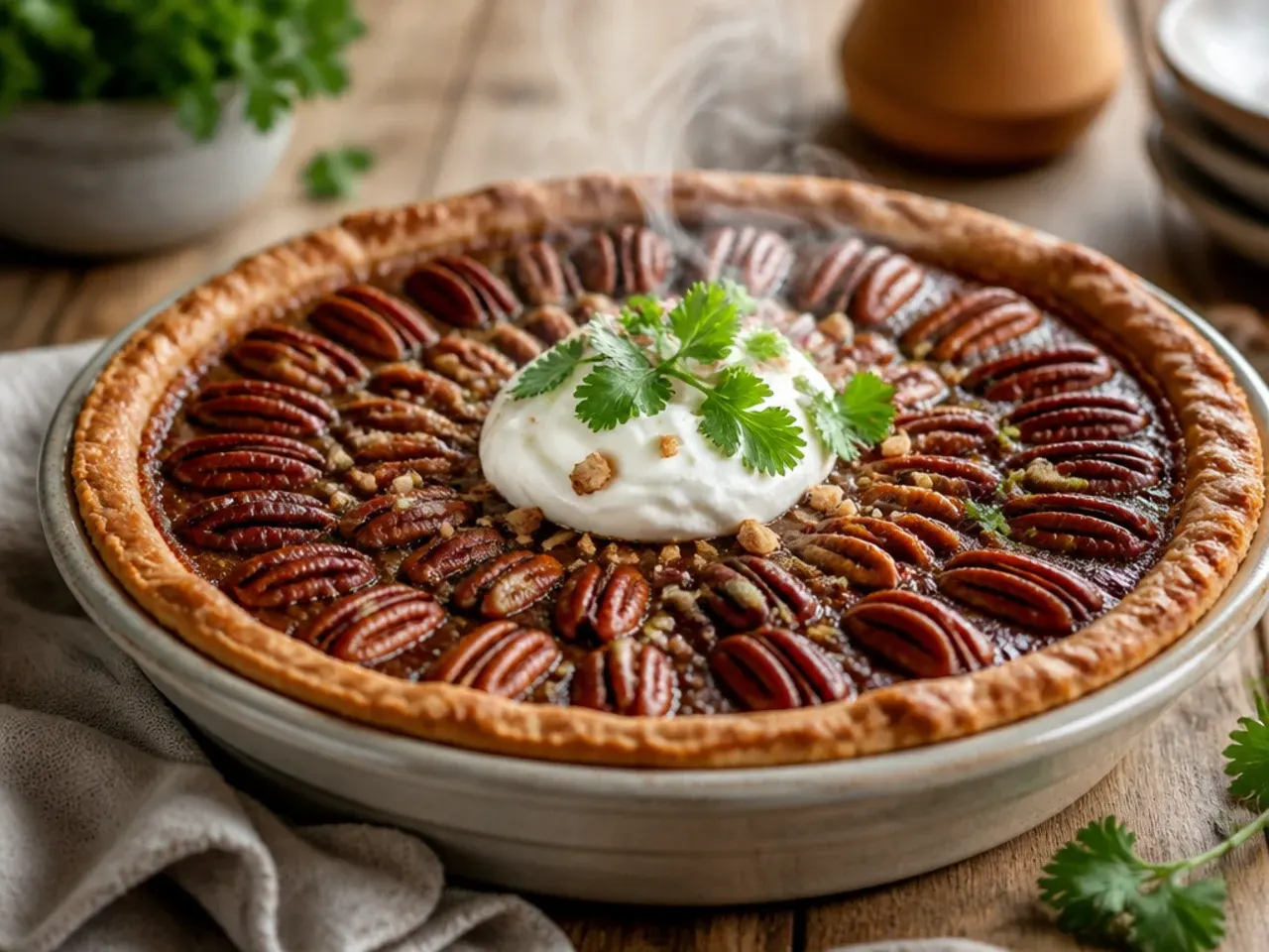 A gluten-free pecan pie in a biscuit crumb crust, sliced to show the set filling.
