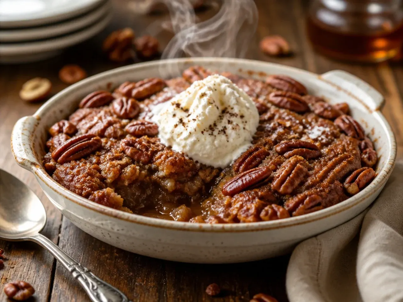 A crustless pecan pie cobbler served warm in a bowl with a scoop of vanilla ice cream.