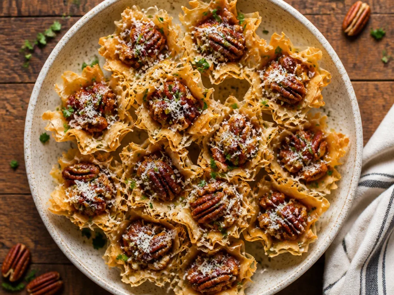 A tray of golden phyllo cups filled with pecan pie filling, arranged for a party.