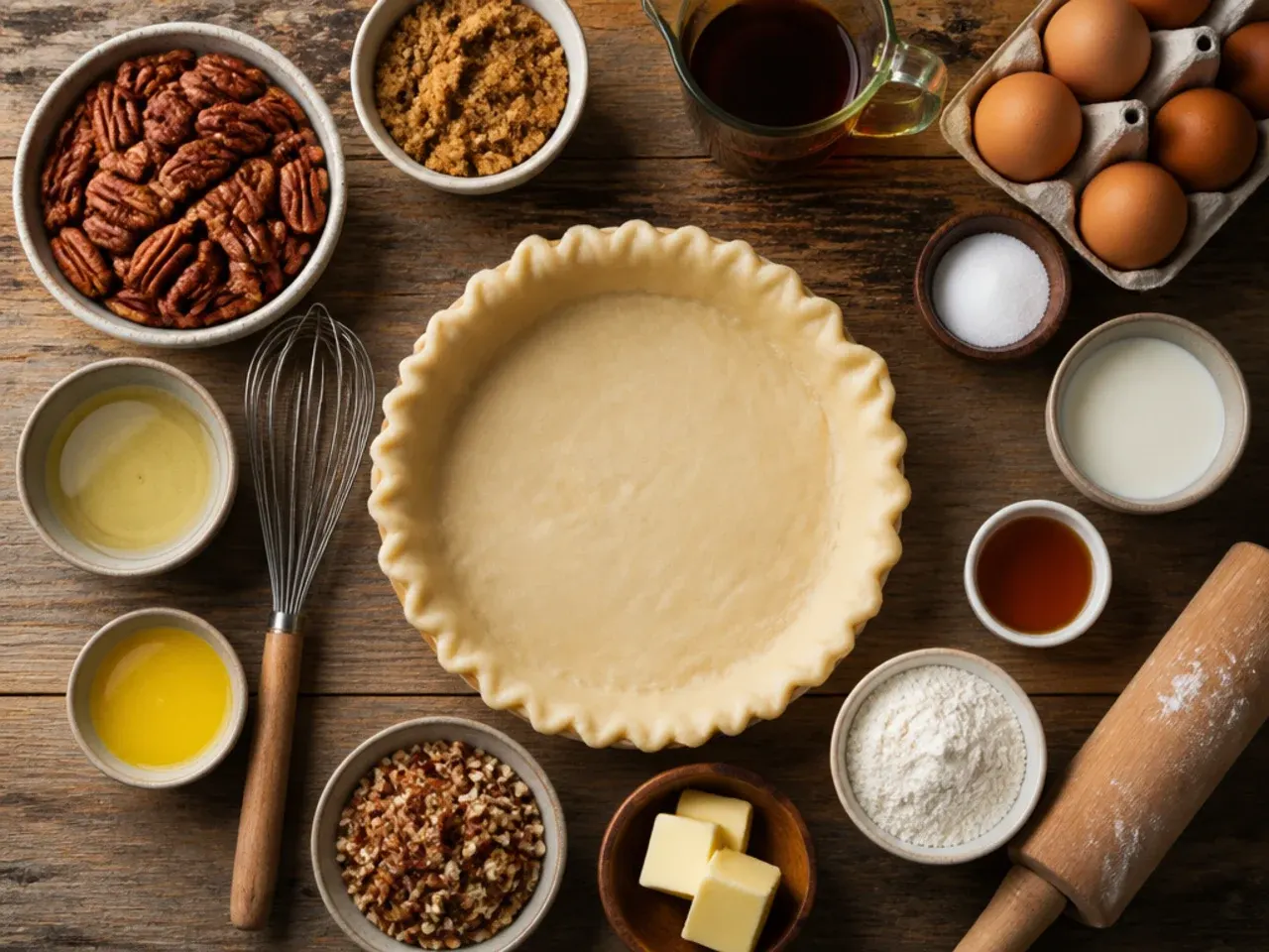 A hand tenting foil over the edges of a baking pecan pie to stop the crust burning.