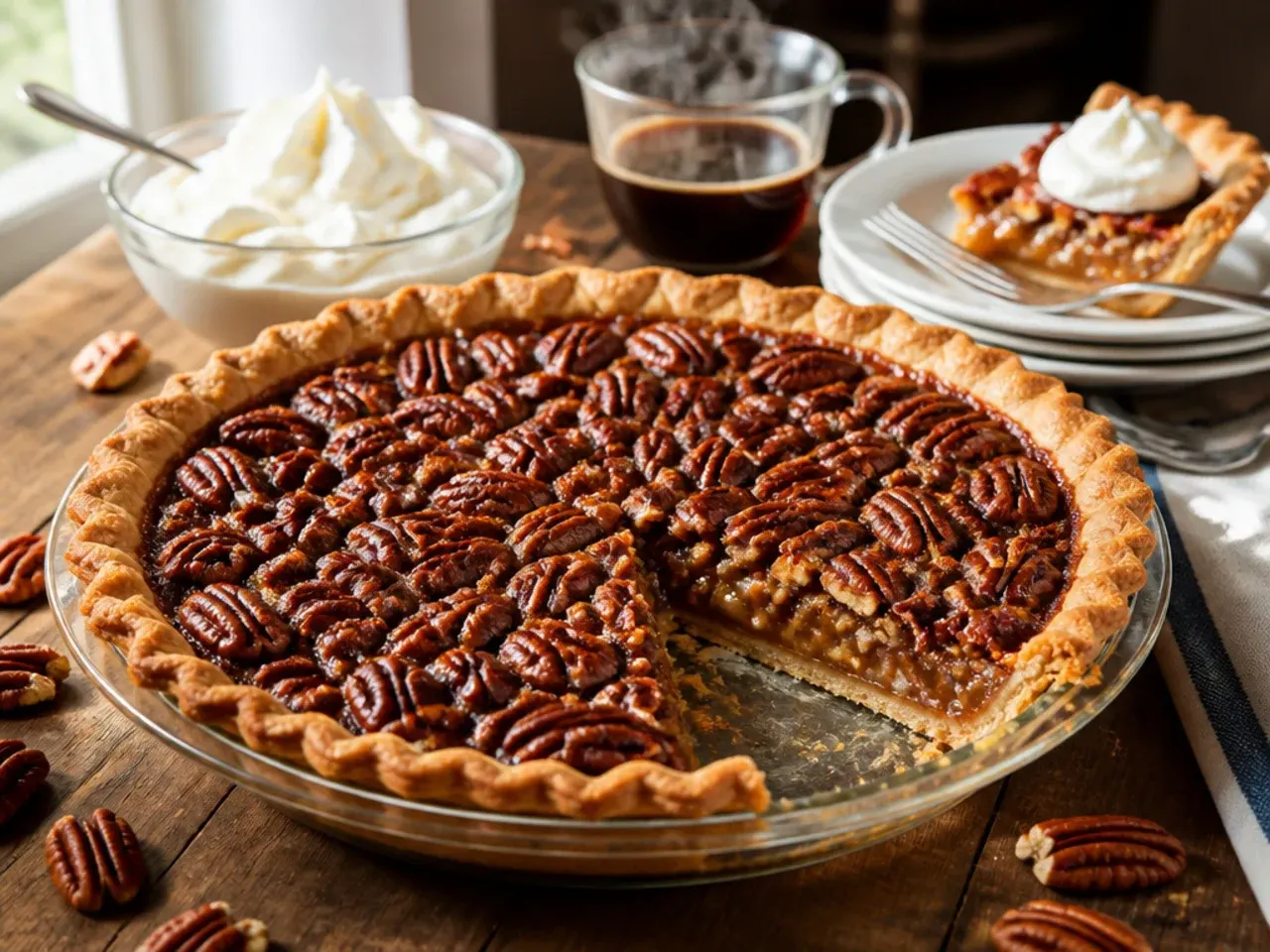 A slice of pecan pie served with a scoop of vanilla ice cream on a dessert plate.