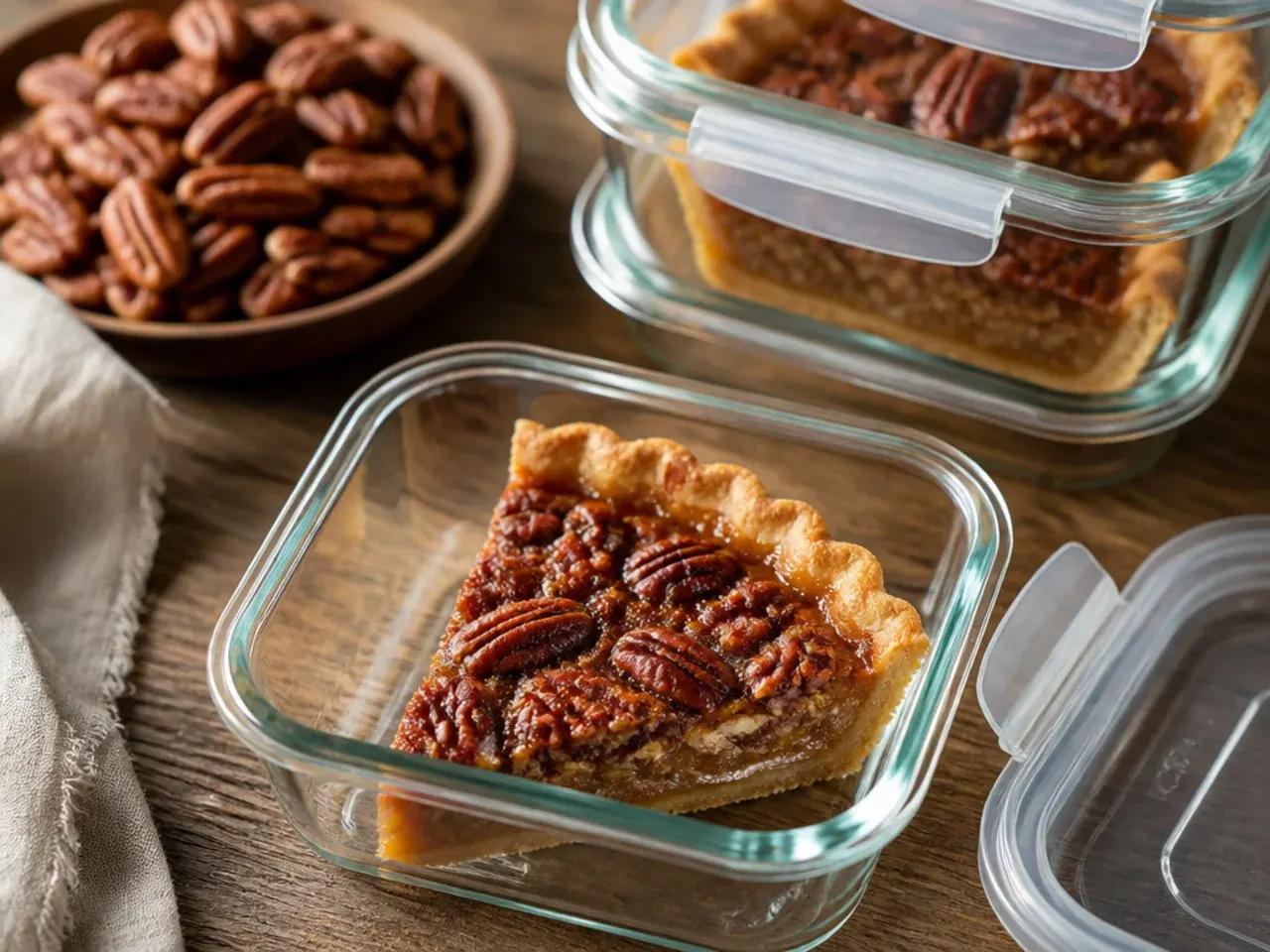 A pecan pie wrapped in cling film and foil, ready to be stored in the fridge or freezer.