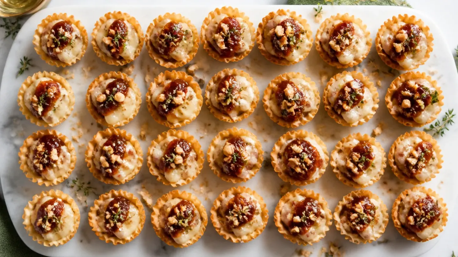 Golden phyllo cups filled with melted brie and topped with cranberry sauce on a white serving platter