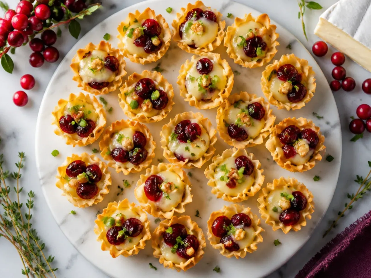 Close-up of classic cranberry brie phyllo cups with glossy cranberry sauce on top