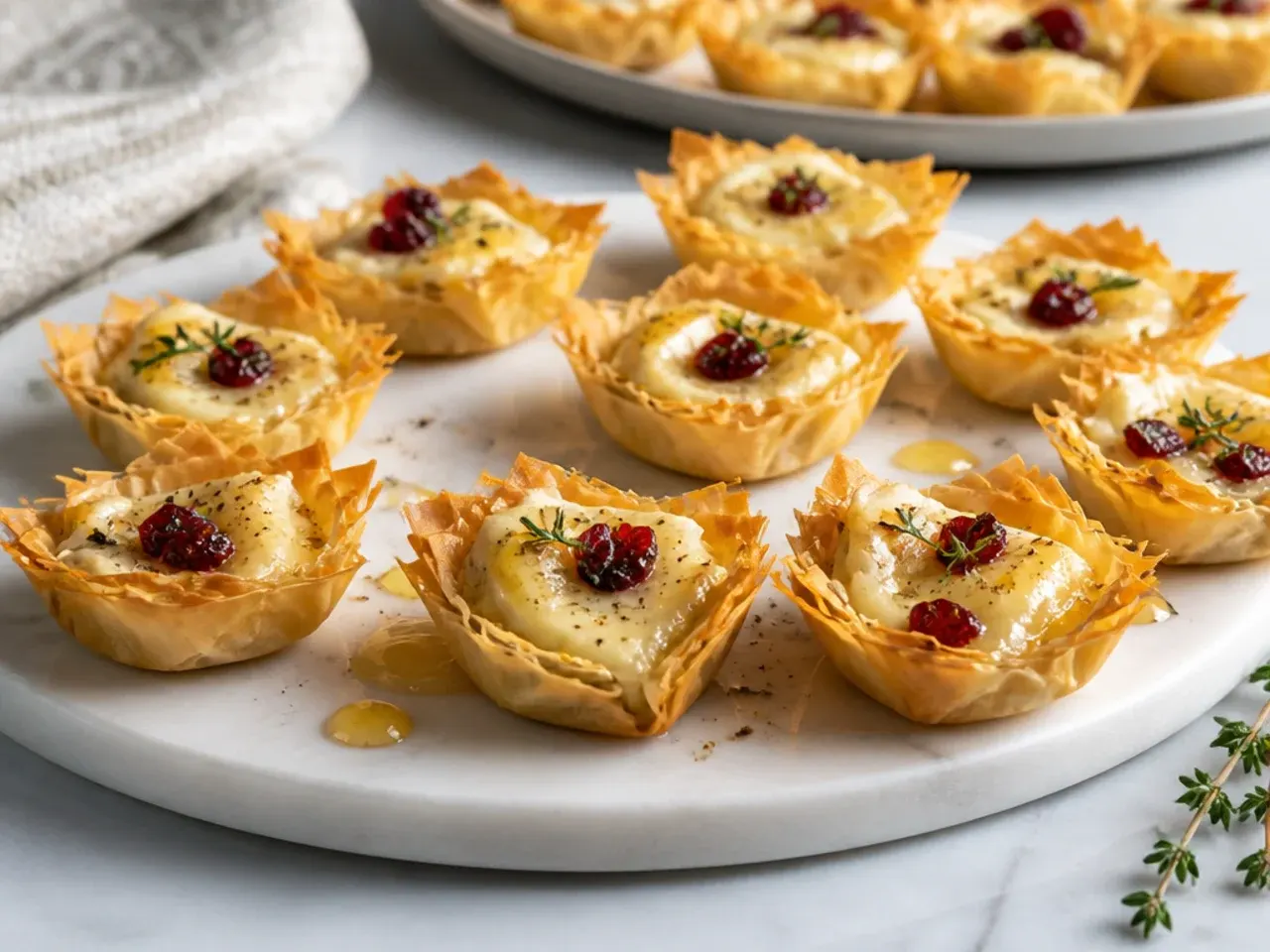 Simple three-ingredient brie phyllo cups drizzled with honey on a wooden board