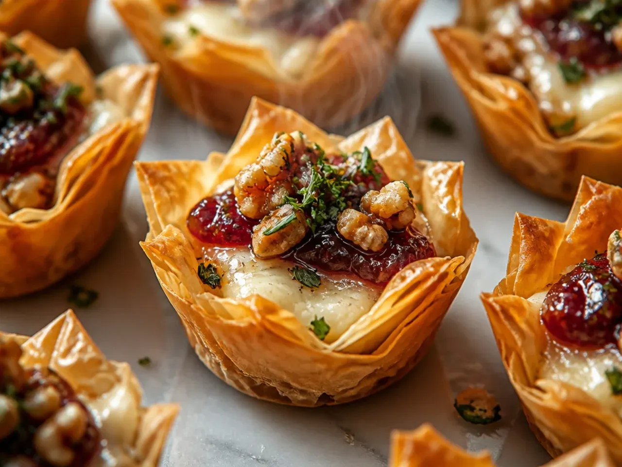 Fig jam and toasted walnut brie phyllo cups arranged on a rustic platter